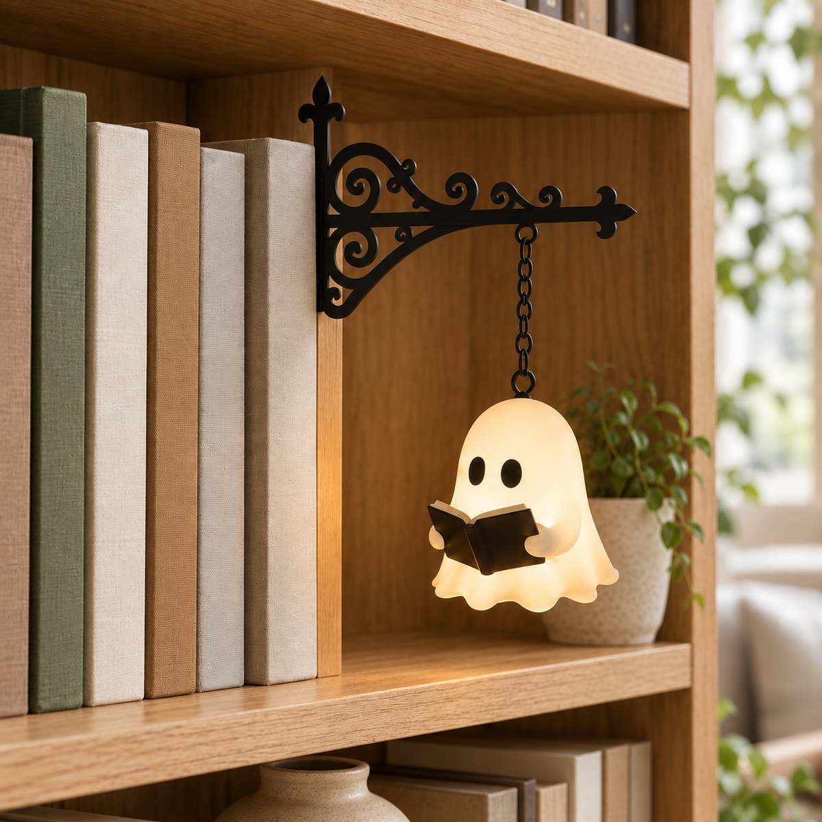 Ghost pendant glowing warm white on a black bracket at the end of an oak bookshelf in daylight