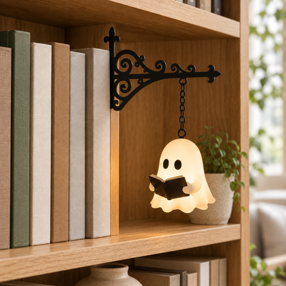 Ghost pendant glowing warm white on a black bracket at the end of an oak bookshelf in daylight
