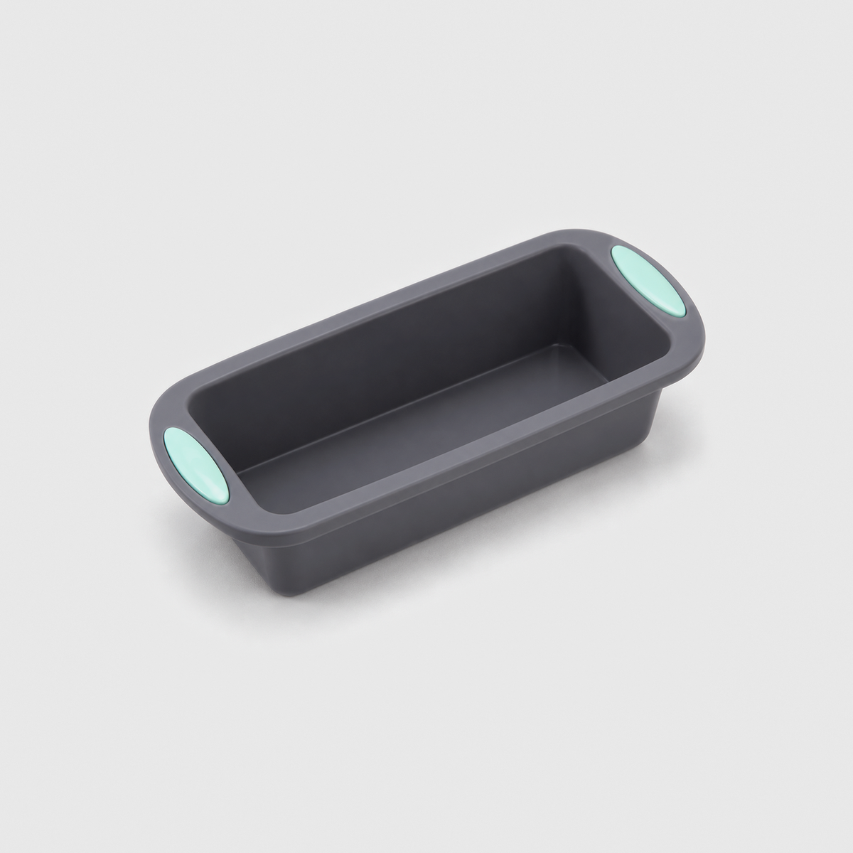 Gray silicone loaf pan with a mint-green pad on each end tab, on a light gray background