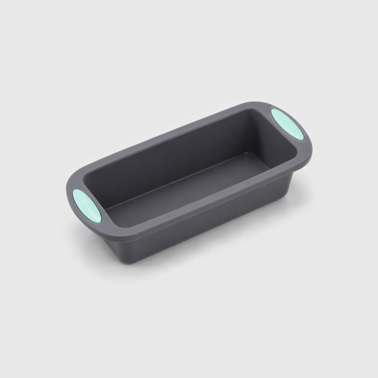 Gray silicone loaf pan with a mint-green pad on each end tab, on a light gray background