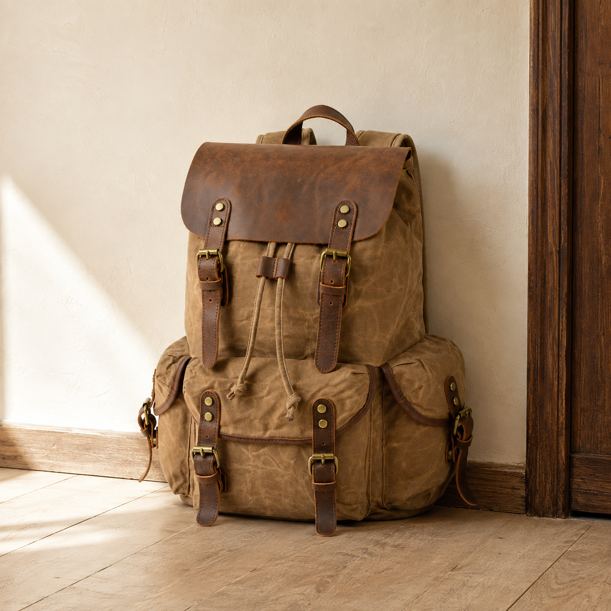 Khaki waxed canvas backpack with a brown leather flap standing in a bright hallway