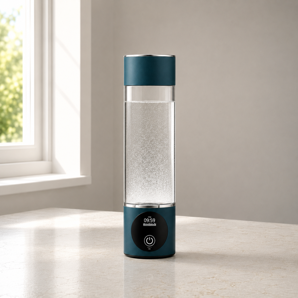 Emerald Green hydrogen water bottle running on a kitchen counter beside a window, bubbles filling the clear chamber and the screen reading 09:59
