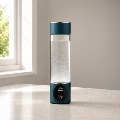 Emerald Green hydrogen water bottle running on a kitchen counter beside a window, bubbles filling the clear chamber and the screen reading 09:59