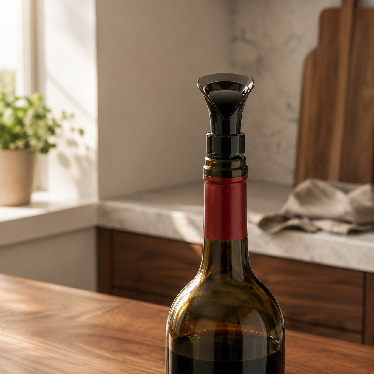 Wine bottle stopper closed in the neck of a half full bottle of red wine on a kitchen worktop