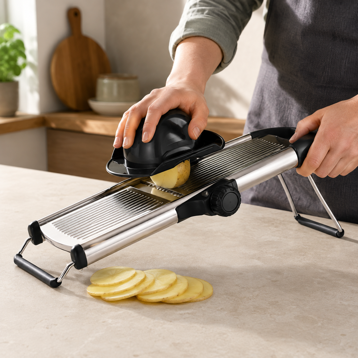 Stainless steel mandoline slicer on a kitchen worktop in daylight, one hand flat on the safety guard pushing a potato down the ribbed deck, even slices fallen below