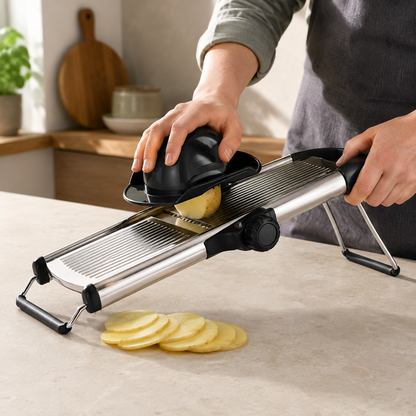 Stainless steel mandoline slicer on a kitchen worktop in daylight, one hand flat on the safety guard pushing a potato down the ribbed deck, even slices fallen below