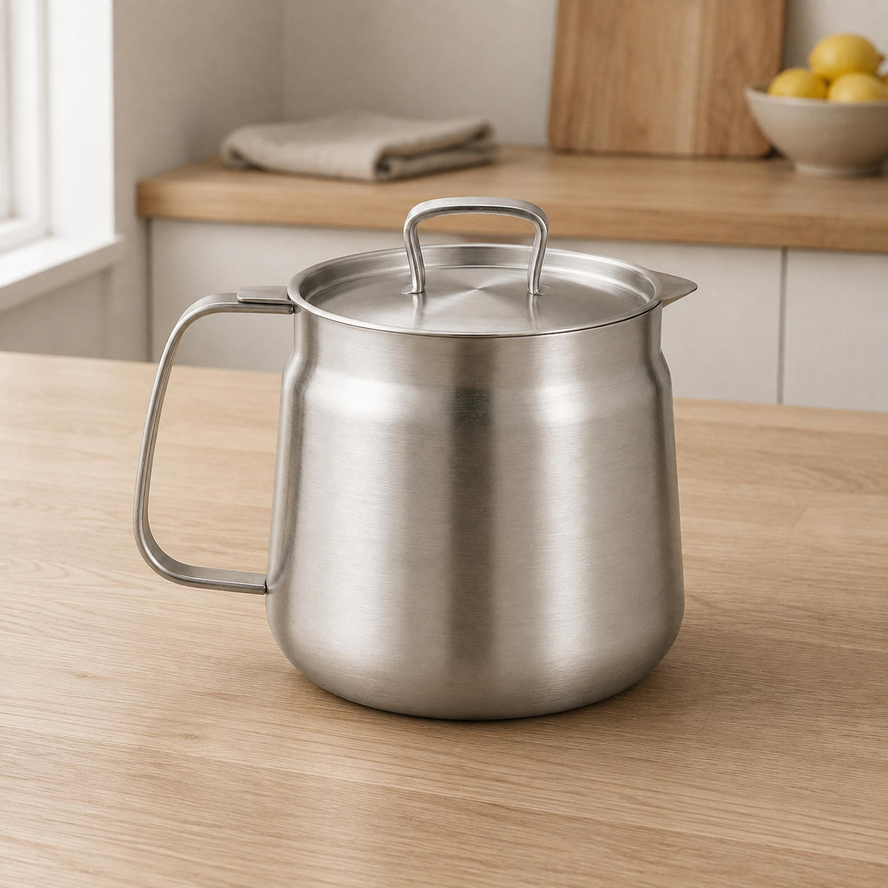 Stainless steel oil strainer pot with its lid on, standing on a pale oak kitchen worktop in daylight