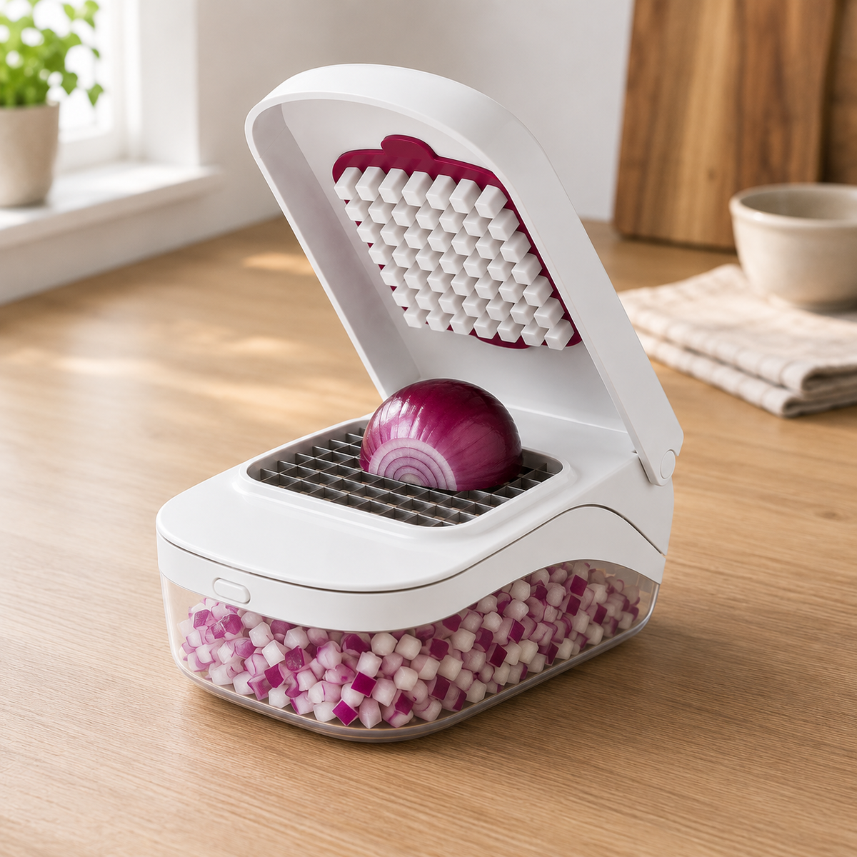 White plastic vegetable chopper open on an oak kitchen worktop, half a red onion resting on the stainless steel blade grid and diced red onion filling the clear container below.