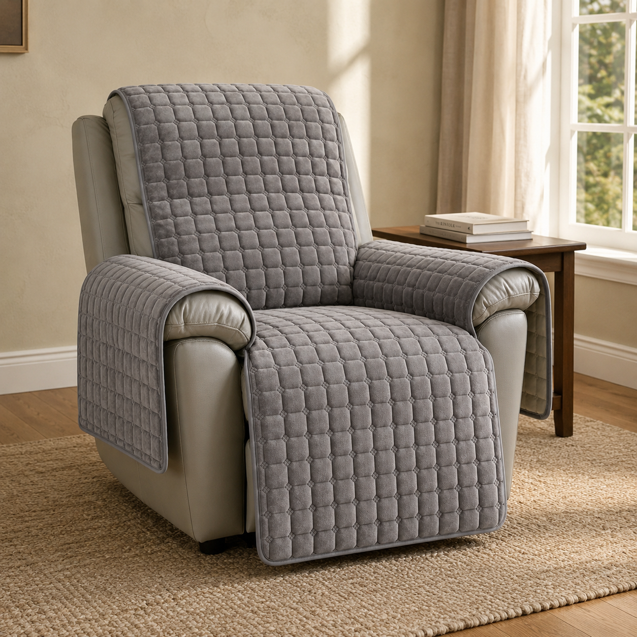 Gray quilted recliner cover laid over a cream leather recliner in a sunlit living room, with a separate quilted panel draped over each arm