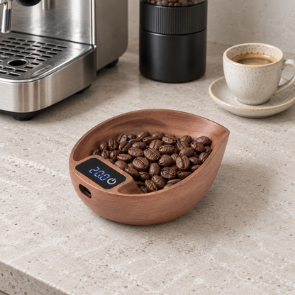 Leaf-shaped walnut coffee scale holding a dose of coffee beans, its display reading 20.0, on a pale stone coffee counter beside an espresso machine