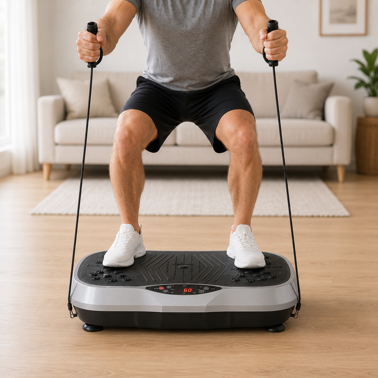 Man standing on a silver and black vibration plate in a living room, pulling both resistance bands