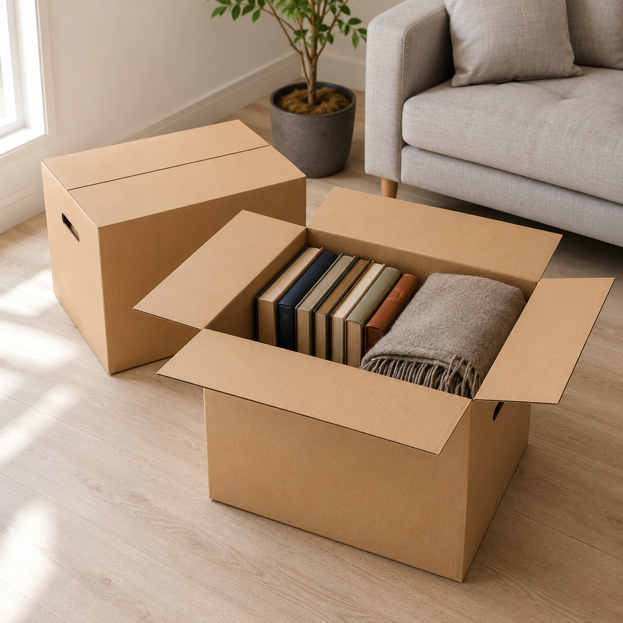 Kraft cardboard moving box open on a living room floor, half packed with books and a folded throw, a second closed box behind it
