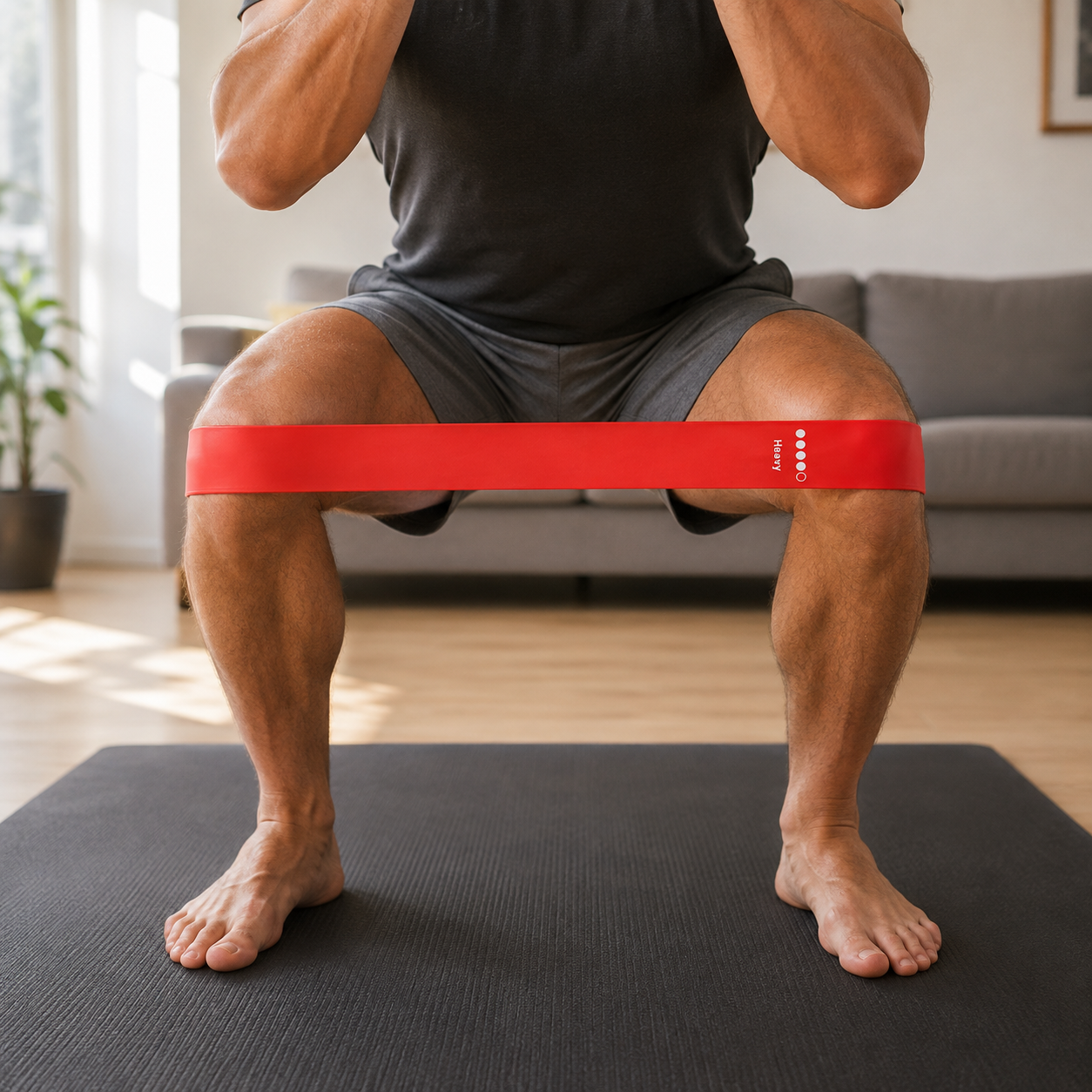 Man squatting on an exercise mat in a living room with the Heavy band from the set looped above his knees
