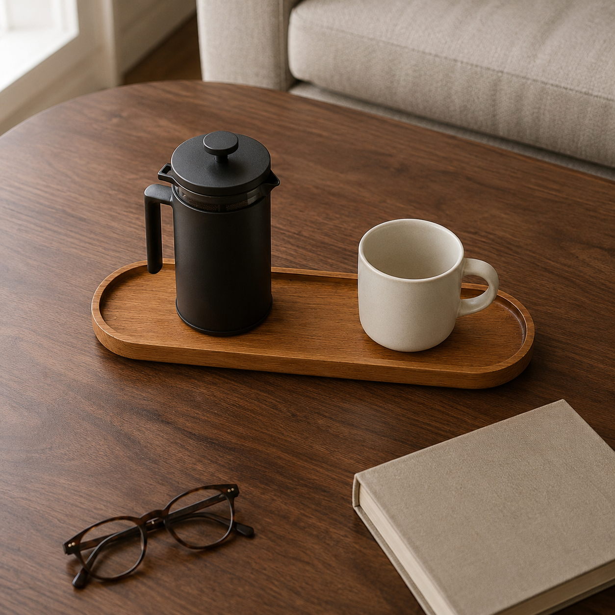 Large oval wooden coffee tray on a living room table with a French press and a mug