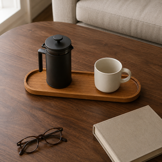 Large oval wooden coffee tray on a living room table with a French press and a mug