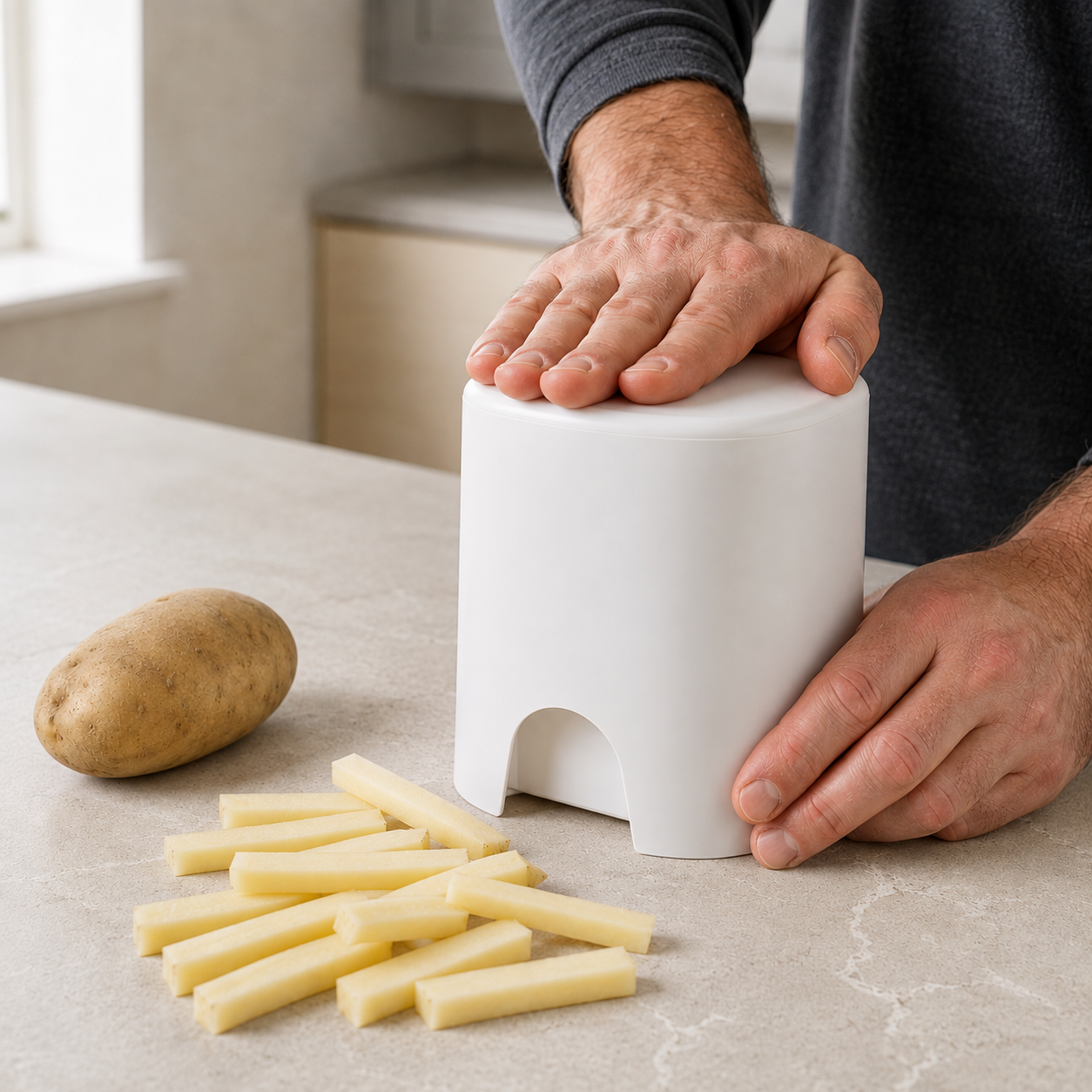Hands pressing the white manual french fry cutter down on a kitchen worktop, freshly cut raw fries beside it
