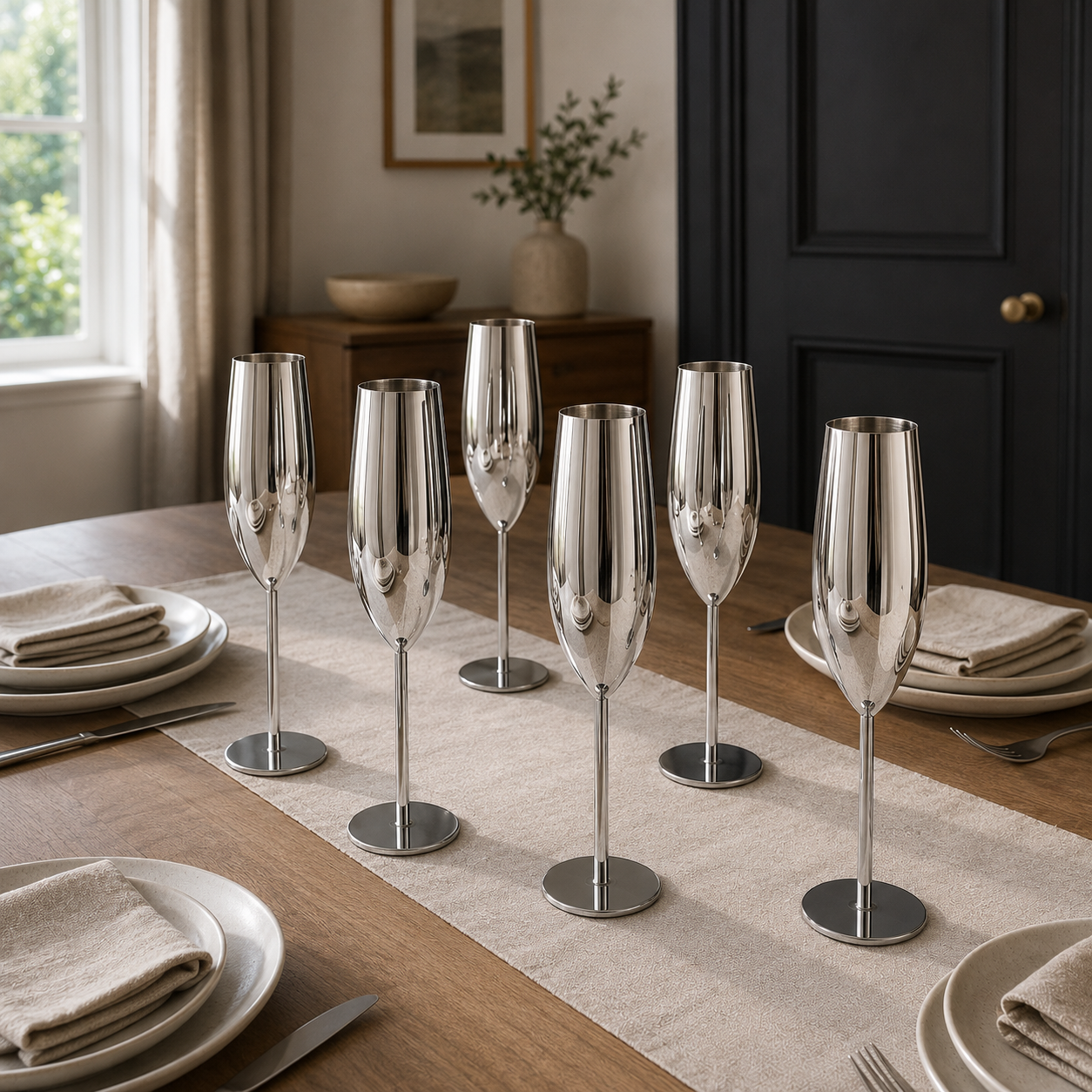 Six silver stainless steel champagne flutes on a linen runner on an oak dining table in daylight