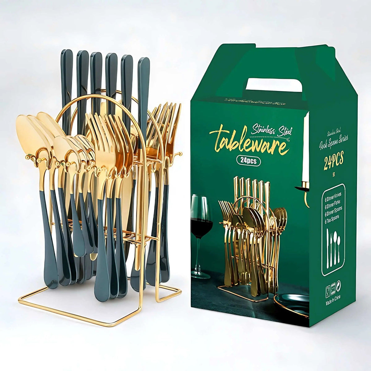 24-piece cutlery set with teal handles and gold heads hanging on a gold arched storage rack