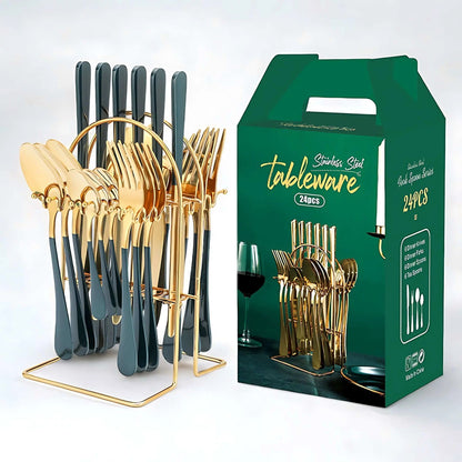 24-piece cutlery set with teal handles and gold heads hanging on a gold arched storage rack