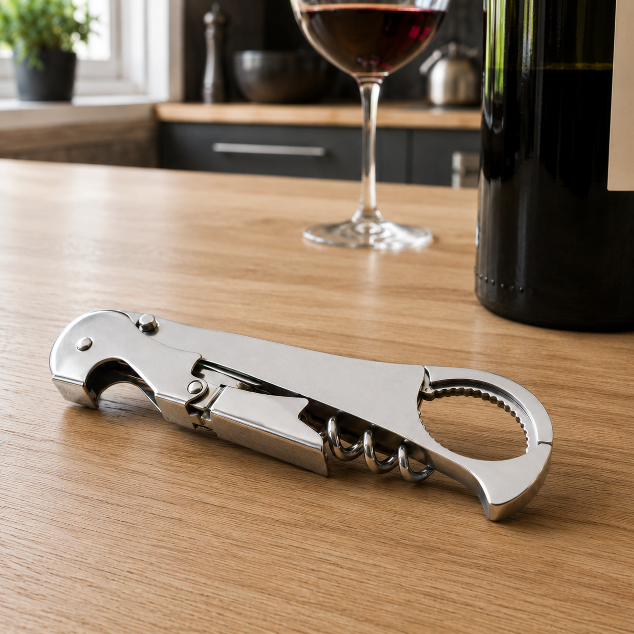 Stainless steel waiter's corkscrew lying folded and filling the foreground on a light oak kitchen counter, a bottle of red wine and a poured glass behind it