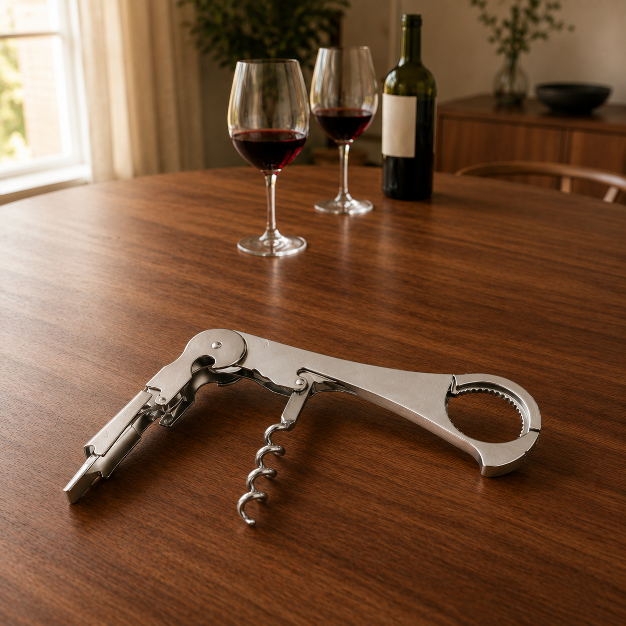 Stainless steel waiter's corkscrew open across the foreground of a walnut dining table, lever raised and open helix worm swung out, a bottle of red wine and two filled glasses behind it
