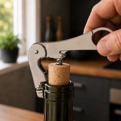 The double hinged lever seated on the lip of a wine bottle, lifting a whole cork out of the neck