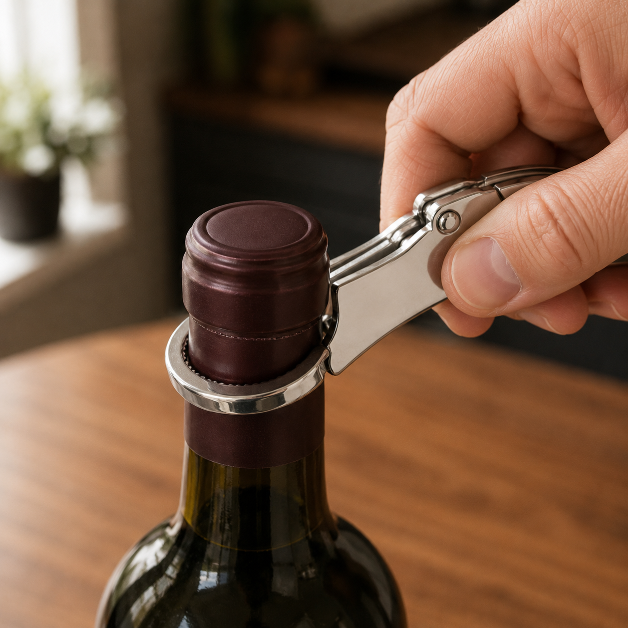 The serrated ring at the tail of the corkscrew turning around a wine bottle neck to cut the foil capsule