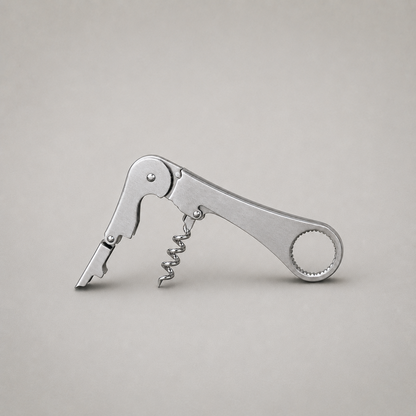 Stainless steel waiter's corkscrew open on plain grey, satin broad faces with mirror bright edges, rivets and worm, lever raised and open helix swung out