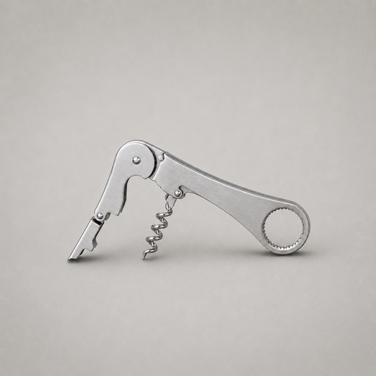 Stainless steel waiter's corkscrew open on plain grey, satin broad faces with mirror bright edges, rivets and worm, lever raised and open helix swung out