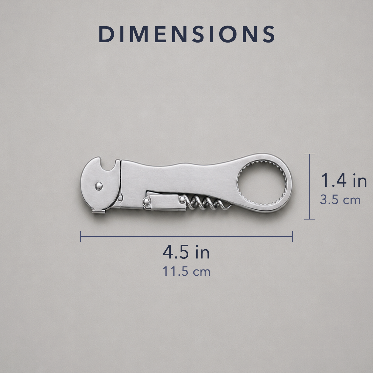 Dimension card for the folded stainless steel waiter's corkscrew on plain grey, worm folded against the body: 4.5 in / 11.5 cm long and 1.4 in / 3.5 cm across the tail ring