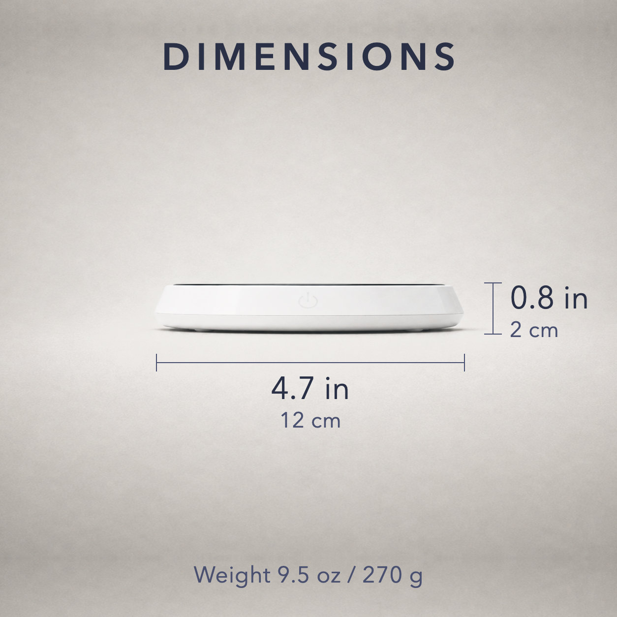 Dimension card showing the mug warmer at 4.7 inches across and 0.8 inches thick