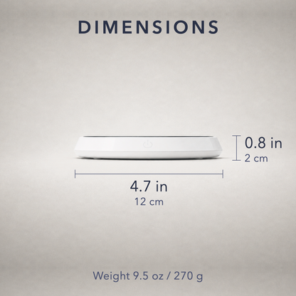 Dimension card showing the mug warmer at 4.7 inches across and 0.8 inches thick