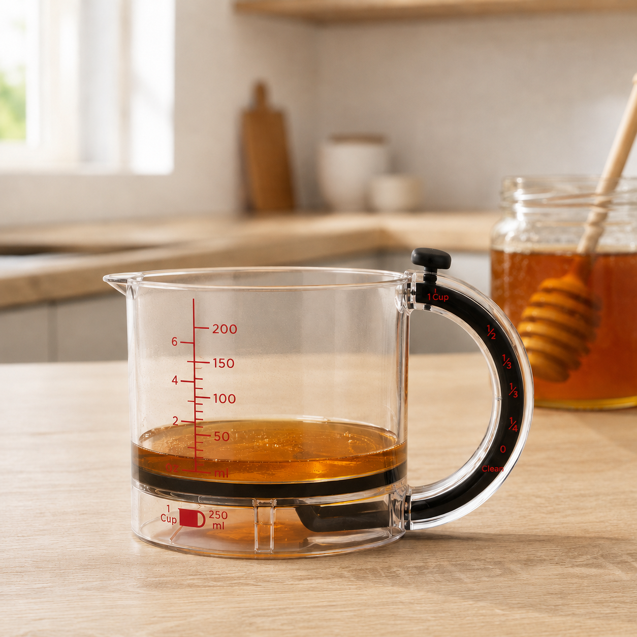 Clear adjustable measuring cup holding honey on a pale oak kitchen worktop in morning light, black dial knob on top of the loop handle, an open honey jar and wooden dipper behind
