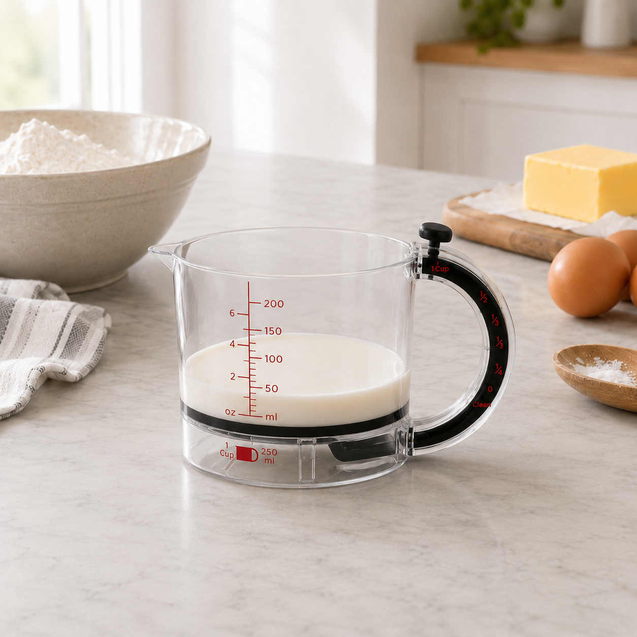 Clear adjustable measuring cup holding milk on a pale grey marble kitchen island, with a bowl of flour, butter on a board and two brown eggs behind