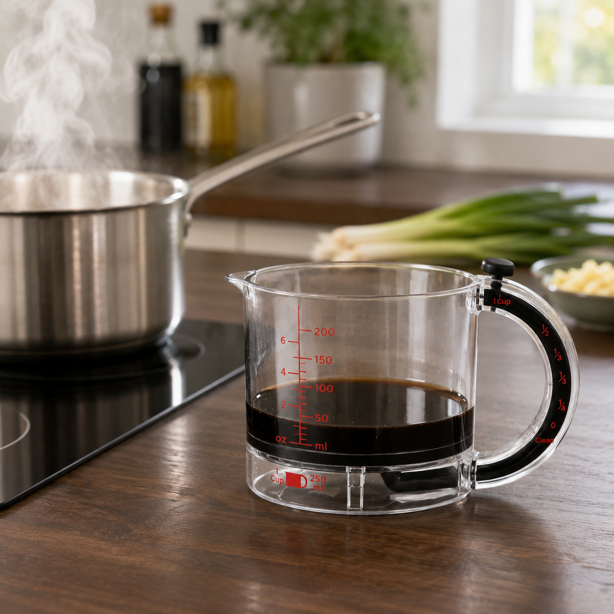 Clear adjustable measuring cup holding dark soy sauce on a dark walnut worktop beside a steaming saucepan, the red printed scale reading across the front wall