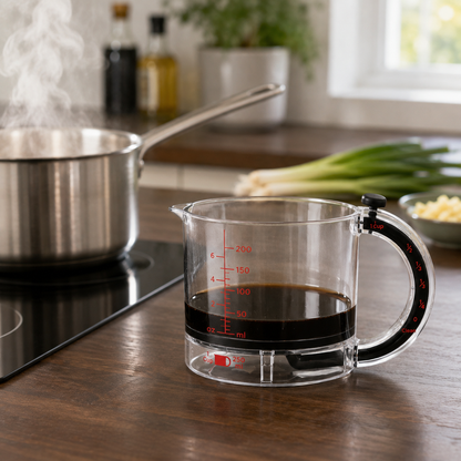 Clear adjustable measuring cup holding dark soy sauce on a dark walnut worktop beside a steaming saucepan, the red printed scale reading across the front wall