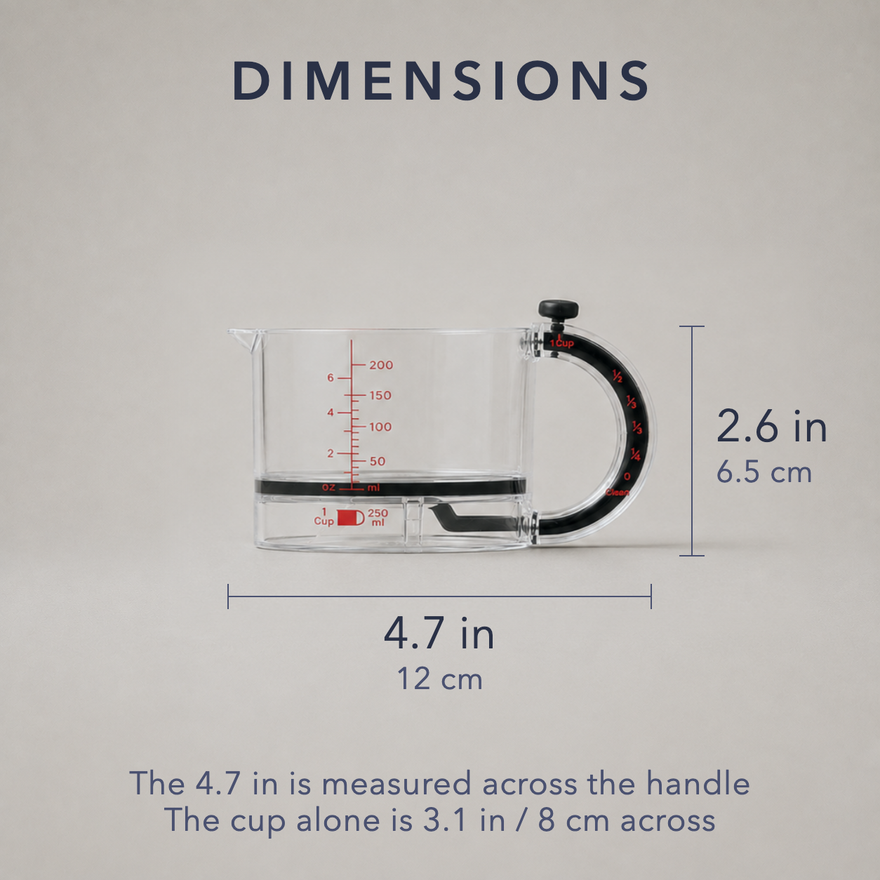 Dimension card for the clear adjustable measuring cup on plain grey: 4.7 in / 12 cm across including the handle, 2.6 in / 6.5 cm tall, with a note that the cup alone is 3.1 in / 8 cm across