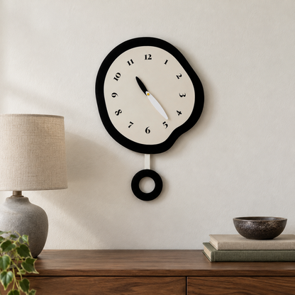 An abstract wall clock with a swinging ring pendulum hanging above a walnut sideboard in a bright living room