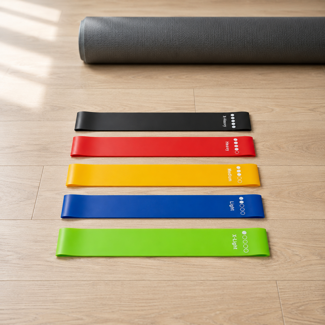 All five loop resistance bands laid out on a wood floor beside a rolled exercise mat