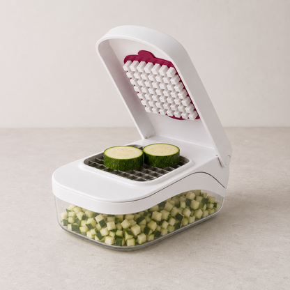 White vegetable chopper with the lid open on a pale stone worktop, two courgette slices on the blade grid and diced courgette in the clear container.
