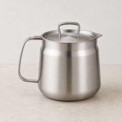Oil strainer pot with its lid on, centred on a honed pale stone worktop