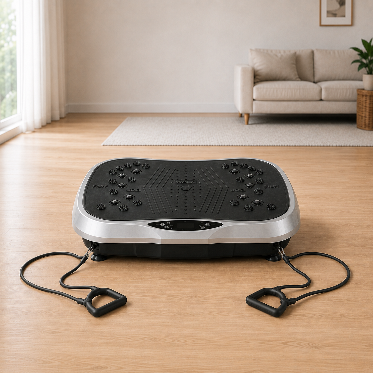 Silver and black vibration plate on oak floorboards in a bright living room, both resistance bands clipped to its front corners and laid out on the floor