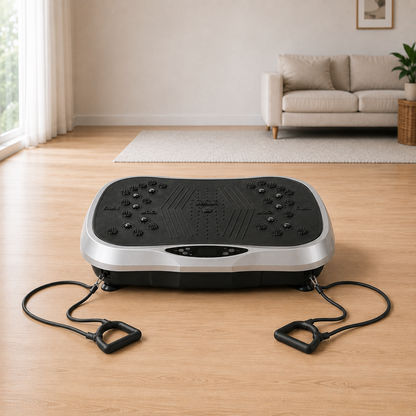 Silver and black vibration plate on oak floorboards in a bright living room, both resistance bands clipped to its front corners and laid out on the floor