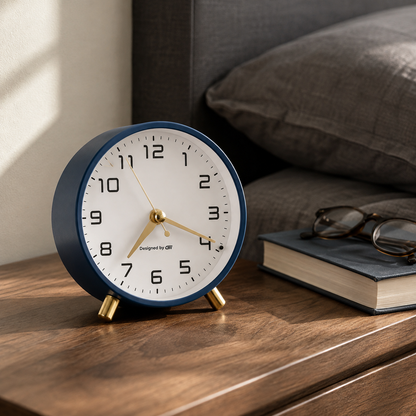 Navy analog alarm clock on a walnut bedside table in morning light, beside a book and reading glasses