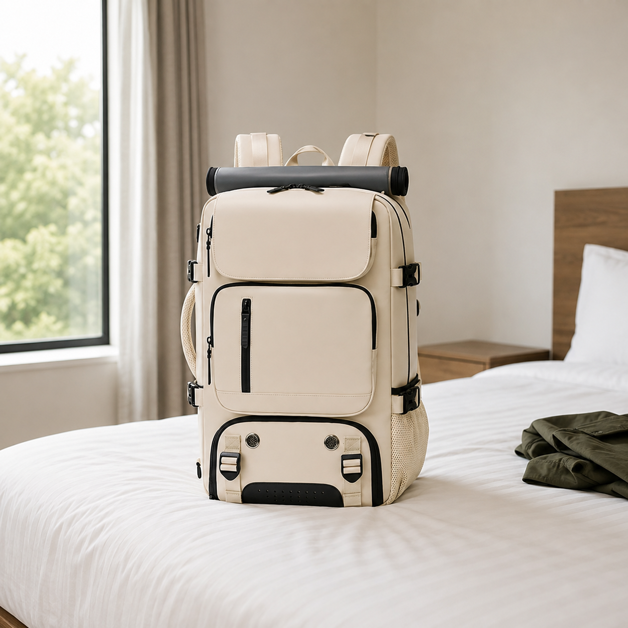 Cream travel backpack standing upright on a hotel bed beside a folded olive jacket, daylight from the window