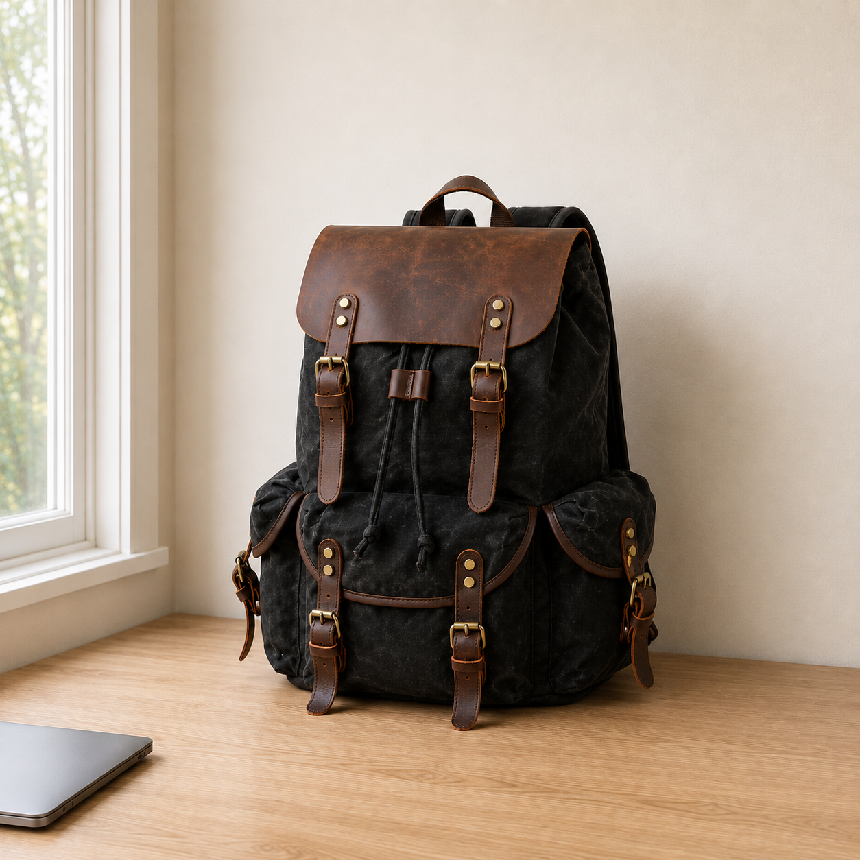 Black waxed canvas backpack on a desk beside a closed laptop in daylight