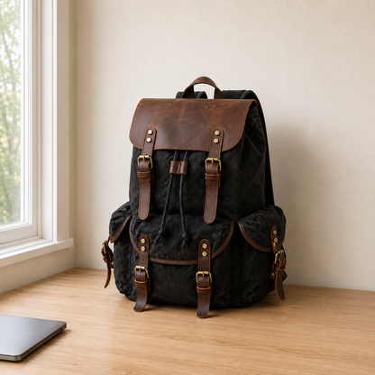 Black waxed canvas backpack on a desk beside a closed laptop in daylight