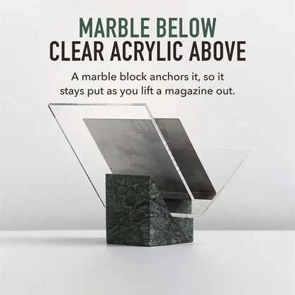 Green marble magazine holder under the words marble below, clear acrylic above, and a line saying the marble block keeps it in place as you lift a magazine out