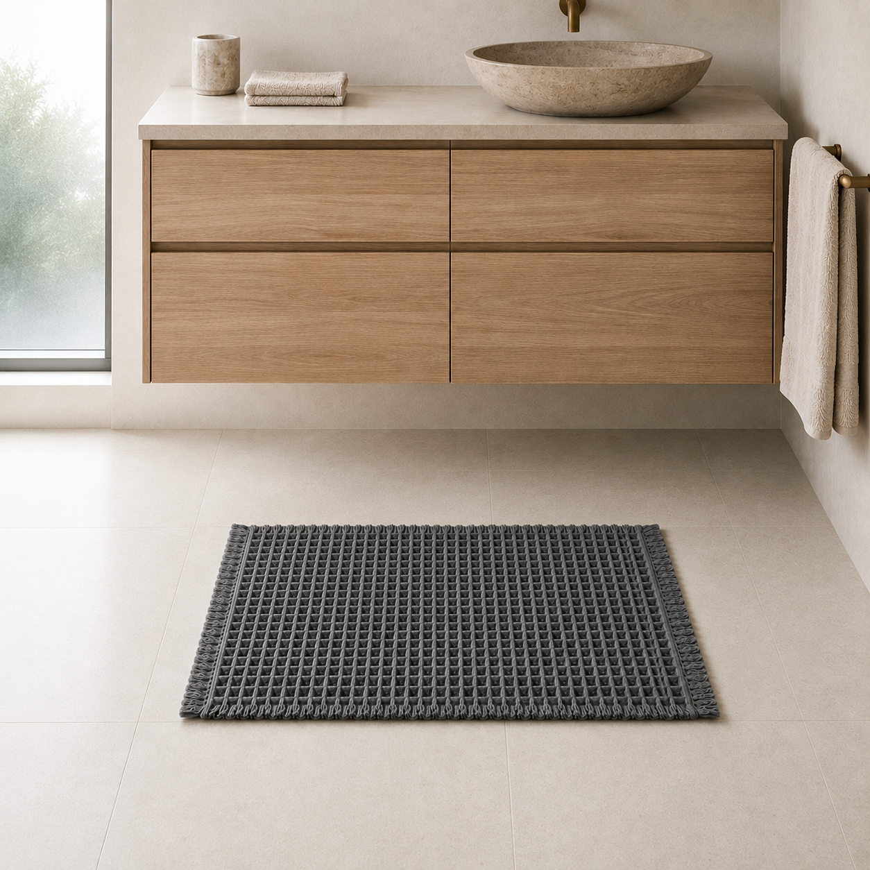 Charcoal waffle weave bath mat with fringed edges on a pale tiled bathroom floor below an oak vanity unit