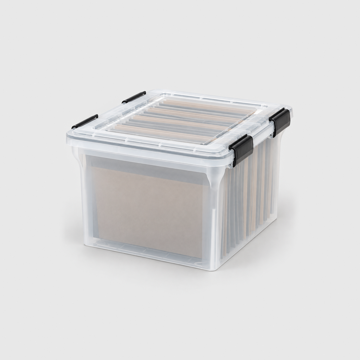 Clear plastic file storage box with four black latching clips and hanging folders inside on a light grey background